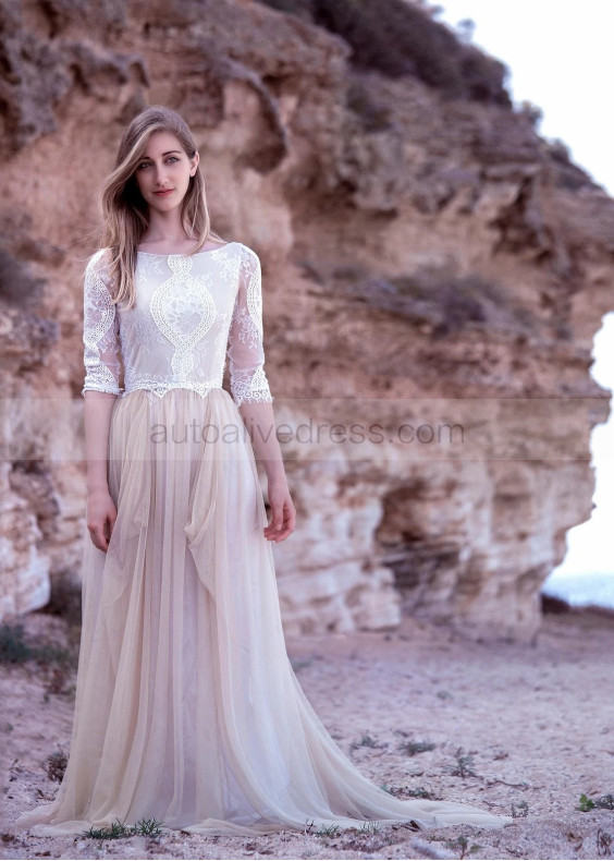 Ivory Lace Nude Tulle Open Back Chic Boho Wedding Dress Ivory Lace Nude Tulle Open Back Chic Boho Wedding Dress